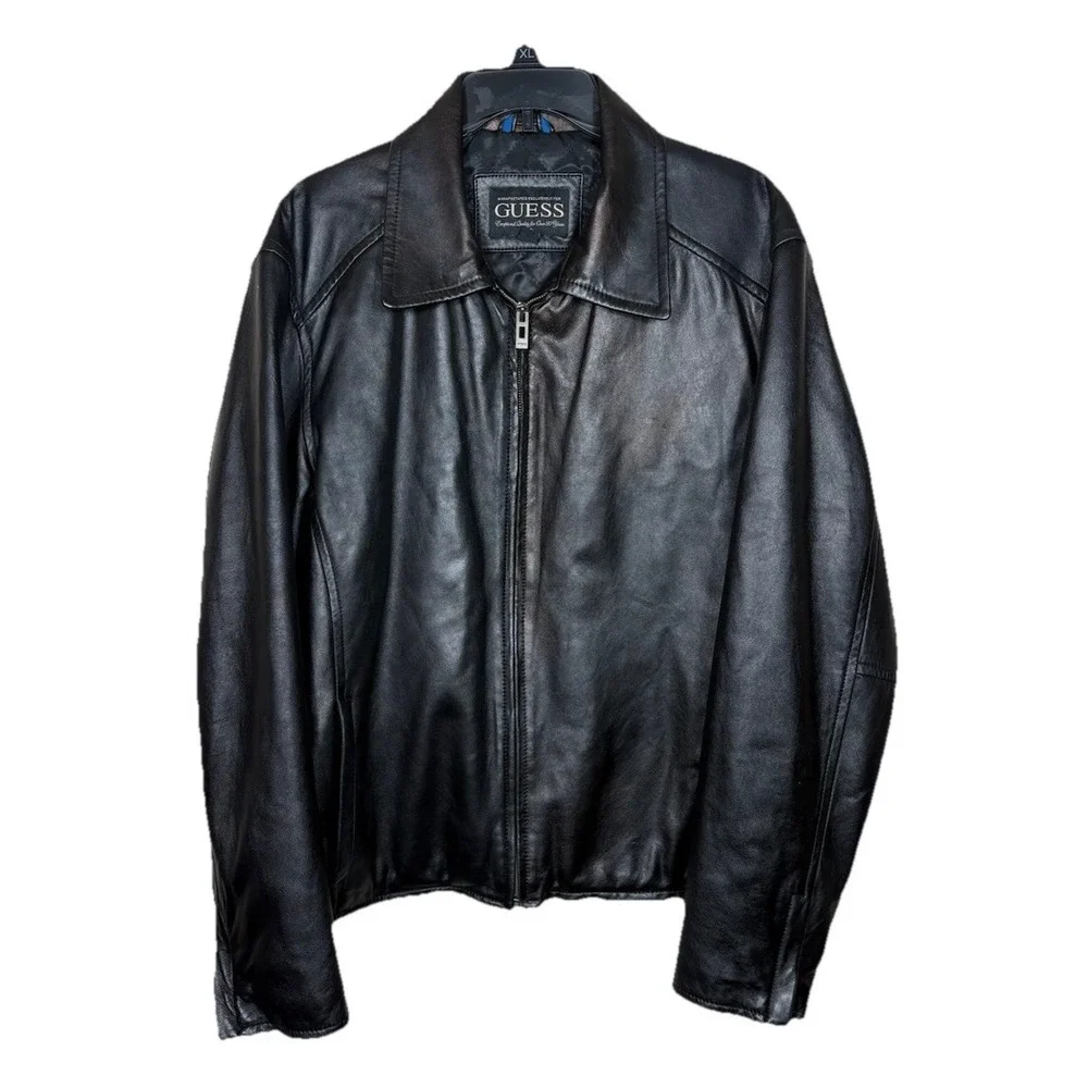 Guess Black‎ Men's Leather Moto Jacket Size Large Lined 2000's